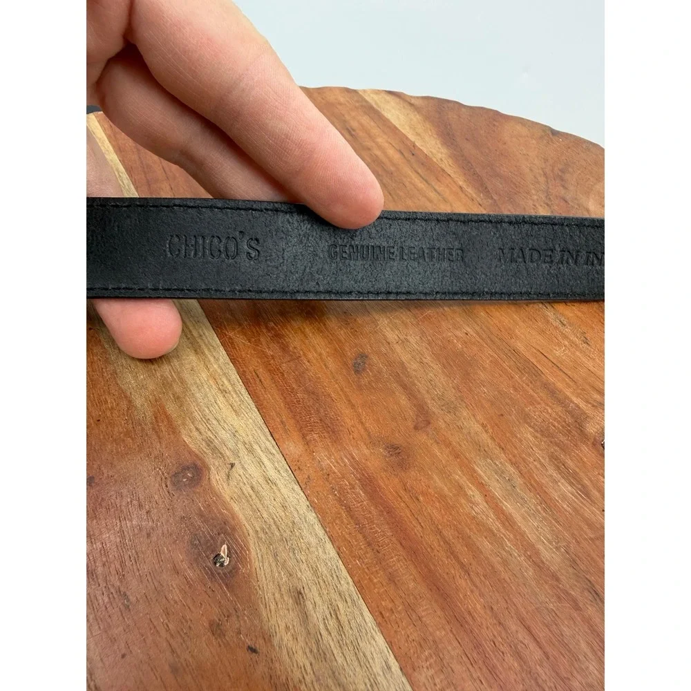 Chico's O-Ring Tie Closure Belt Women M/L Black Genuine Leather Etched Buckle
